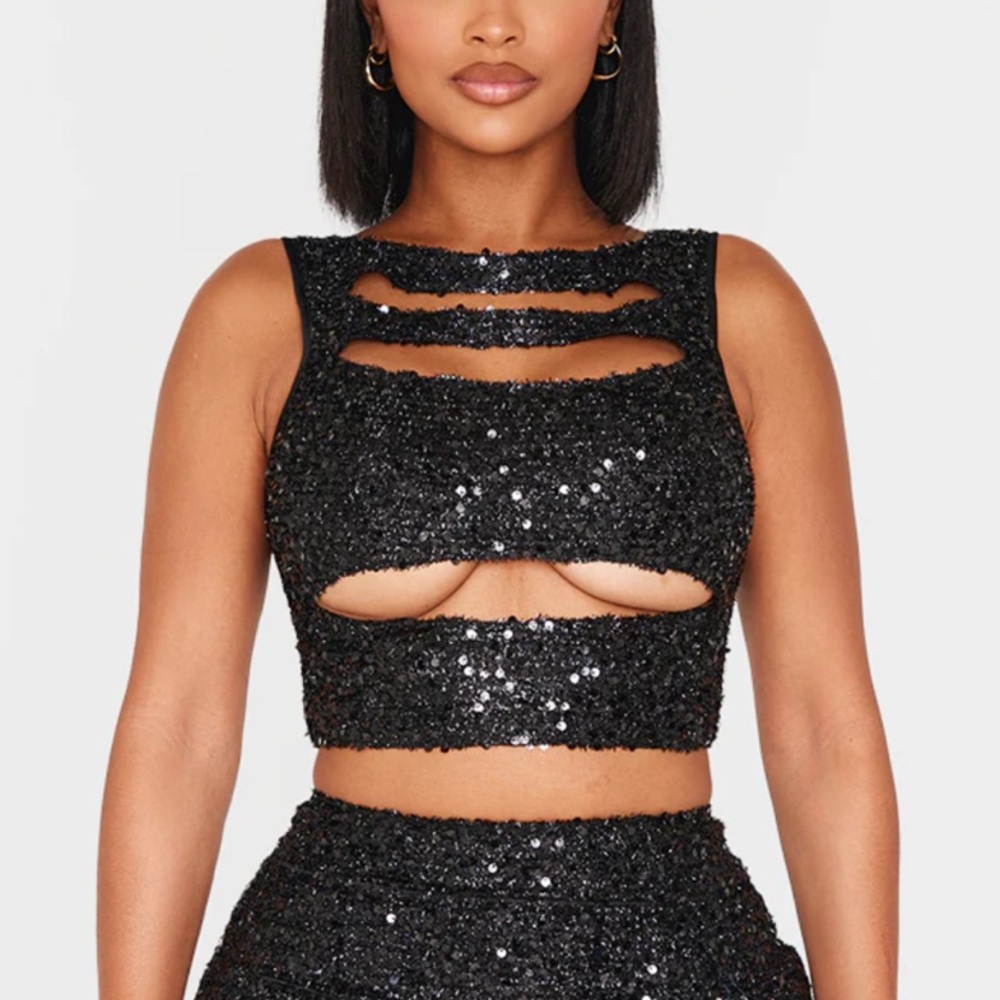 Black Sequin Cutout Crop Top